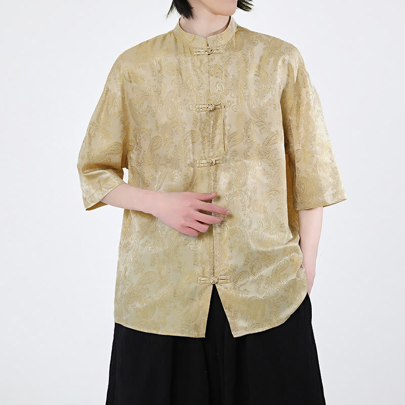 Nimara Ritual Summer Frog-Button Half Sleeve Vine Leaf Flower Pattern Men's Shirt