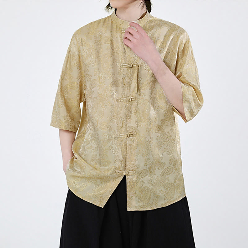 Nimara Ritual Summer Frog-Button Half Sleeve Vine Leaf Flower Pattern Men's Shirt