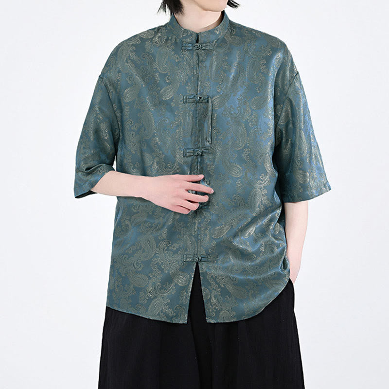 Nimara Ritual Summer Frog-Button Half Sleeve Vine Leaf Flower Pattern Men's Shirt