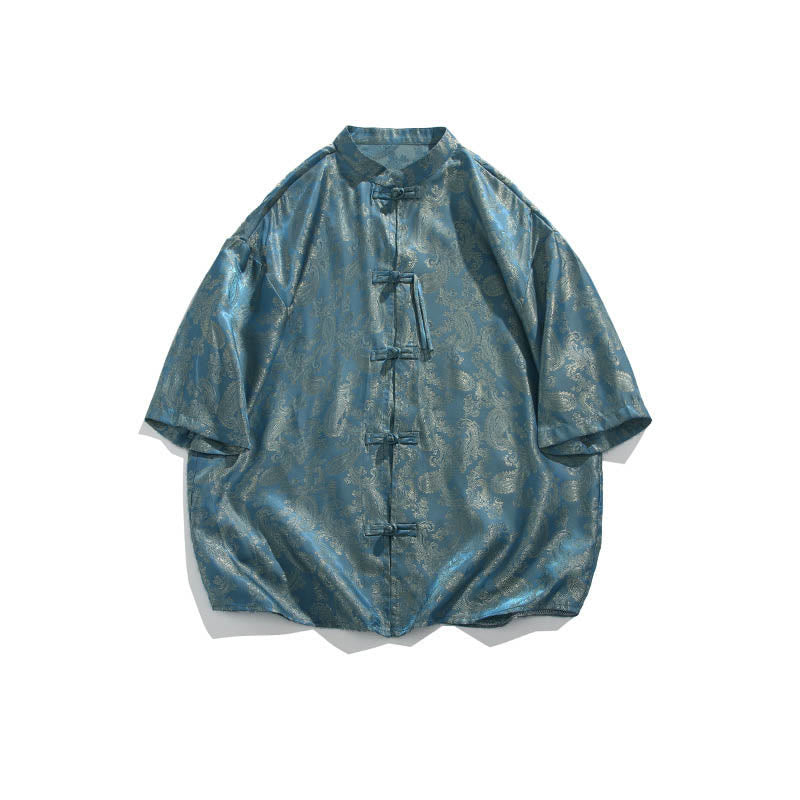 Nimara Ritual Summer Frog-Button Half Sleeve Vine Leaf Flower Pattern Men's Shirt