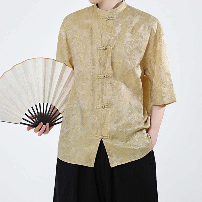 Nimara Ritual Summer Frog-Button Half Sleeve Vine Leaf Flower Pattern Men's Shirt