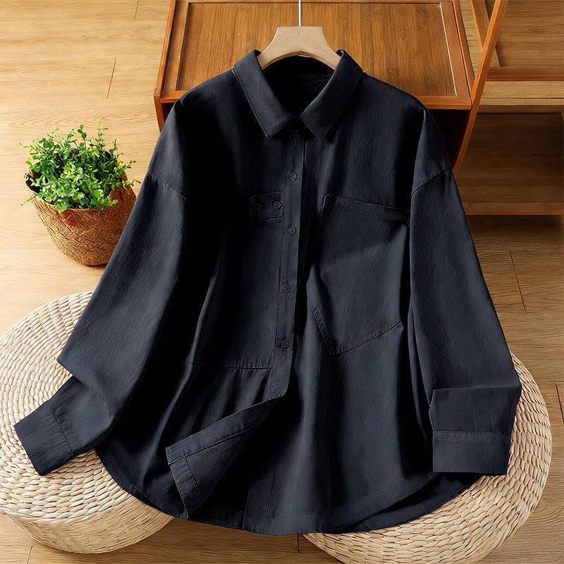 Nimara Ritual Spring Plain Lapel Long Sleeve Women's Cotton Shirt With Pockets