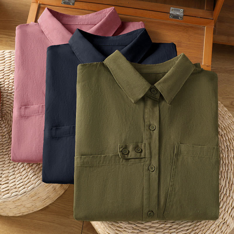 Nimara Ritual Spring Plain Lapel Long Sleeve Women's Cotton Shirt With Pockets