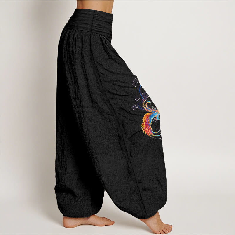 Nimara Ritual Pure Cotton Gorgeous Phoenix Pattern Women's Elastic Waist Harem Pants