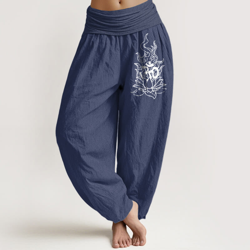 Nimara Ritual Pure Cotton Minimalist Design Om Symbol Lotus Flame Pattern Women's Elastic Waist Harem Pants