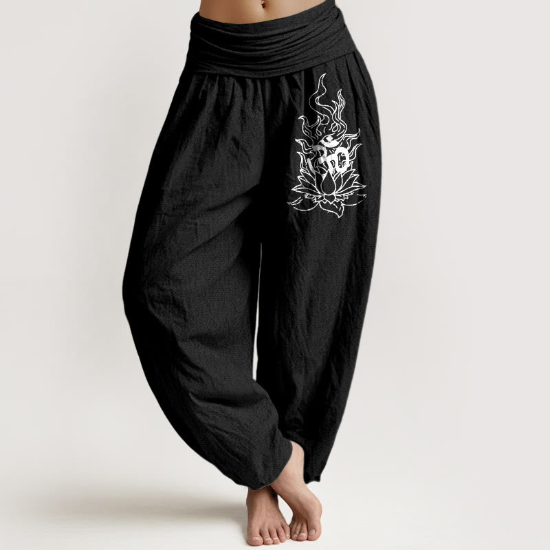 Nimara Ritual Pure Cotton Minimalist Design Om Symbol Lotus Flame Pattern Women's Elastic Waist Harem Pants