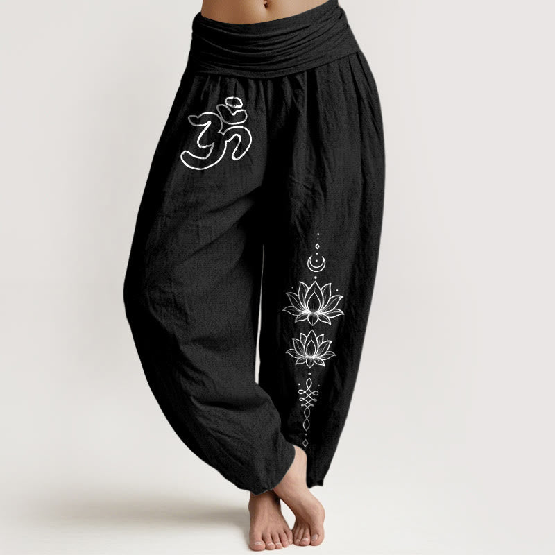 Nimara Ritual Pure Cotton Minimalist Design Om Symbol Lotus Moon Pattern Women's Elastic Waist Harem Pants