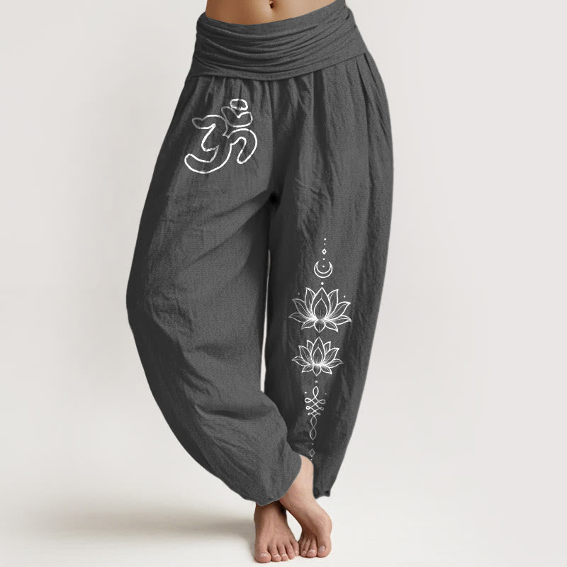Nimara Ritual Pure Cotton Minimalist Design Om Symbol Lotus Moon Pattern Women's Elastic Waist Harem Pants