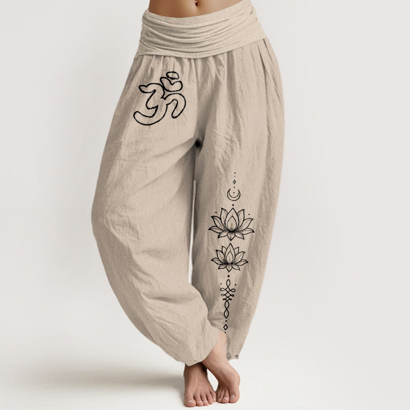 Nimara Ritual Pure Cotton Minimalist Design Om Symbol Lotus Moon Pattern Women's Elastic Waist Harem Pants