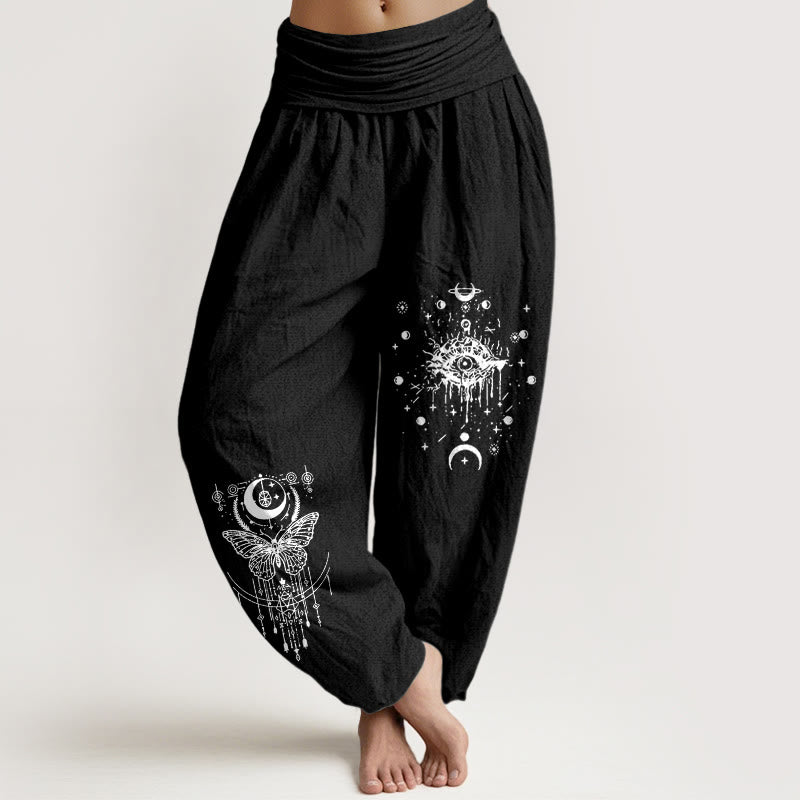 Nimara Ritual Pure Cotton Minimalist Design Eye Moon Butterfly Pattern Women's Elastic Waist Harem Pants