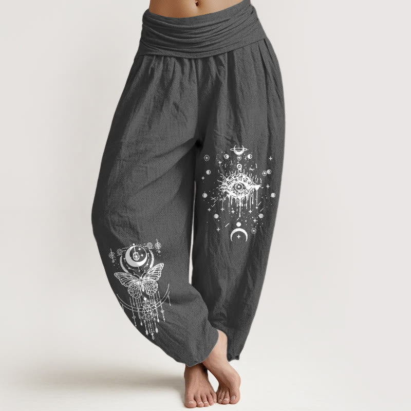 Nimara Ritual Pure Cotton Minimalist Design Eye Moon Butterfly Pattern Women's Elastic Waist Harem Pants