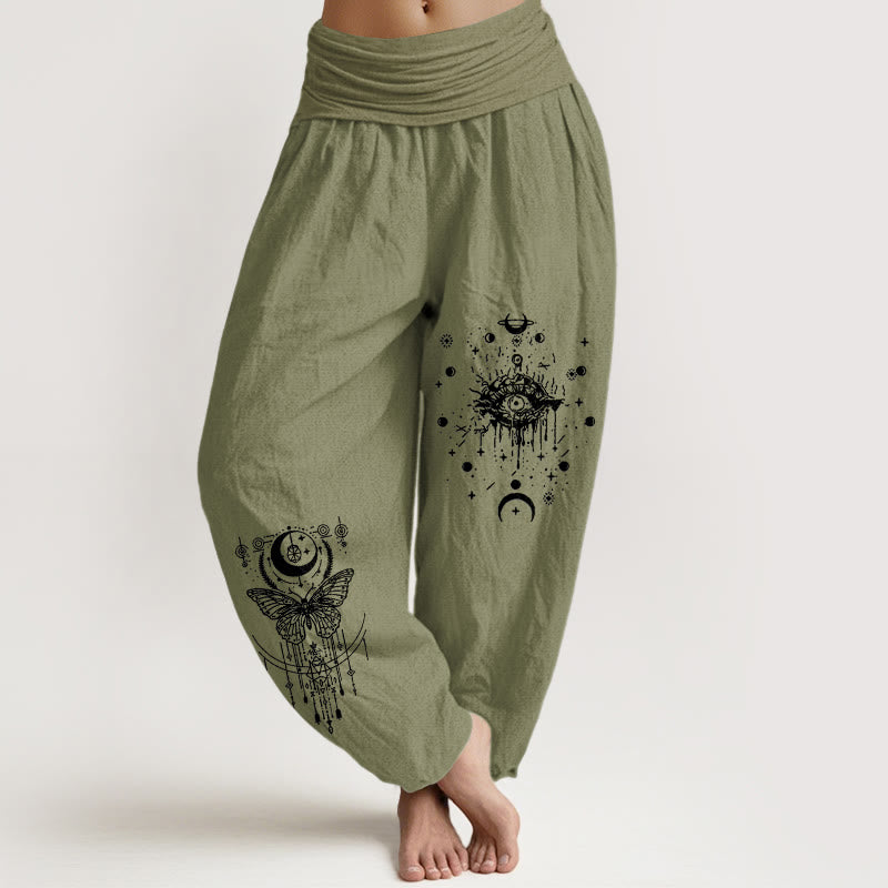 Nimara Ritual Pure Cotton Minimalist Design Eye Moon Butterfly Pattern Women's Elastic Waist Harem Pants