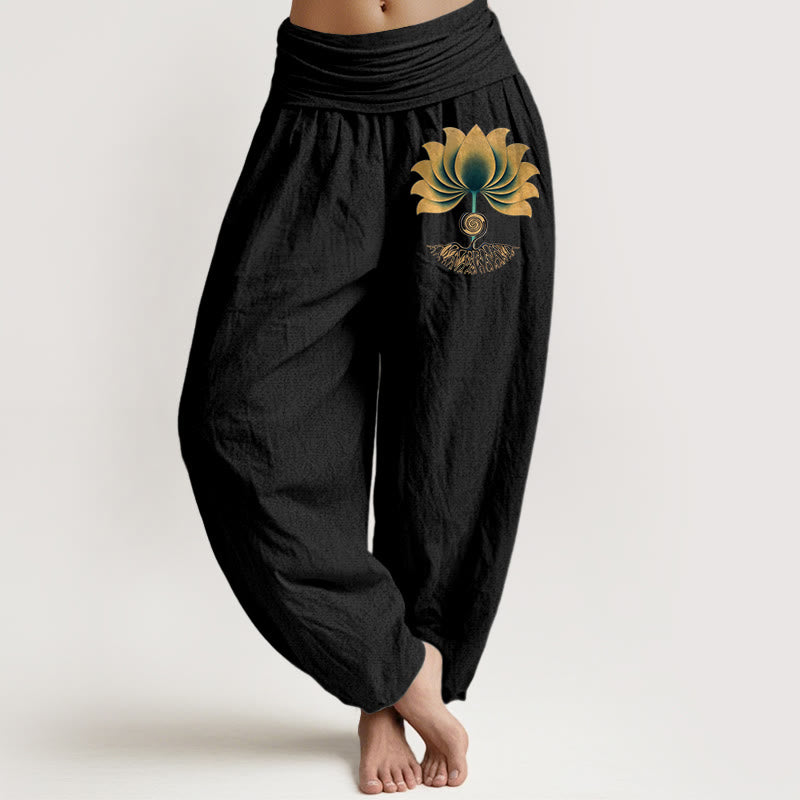 Nimara Ritual Pure Cotton Harmonious Color Scheme Lotus Pattern Women's Elastic Waist Harem Pants