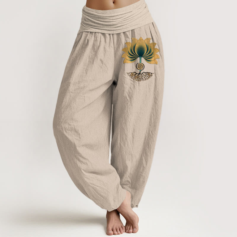 Nimara Ritual Pure Cotton Harmonious Color Scheme Lotus Pattern Women's Elastic Waist Harem Pants