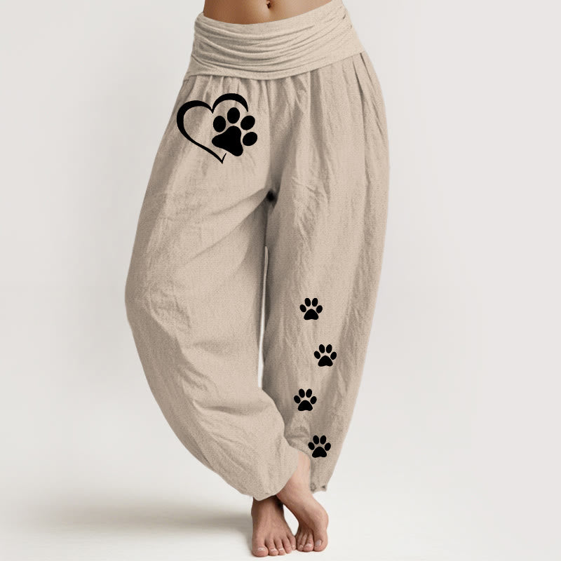 Nimara Ritual Pure Cotton Concise Cat Paw Prints Heart-Shaped Pattern Women's Elastic Waist Harem Pants
