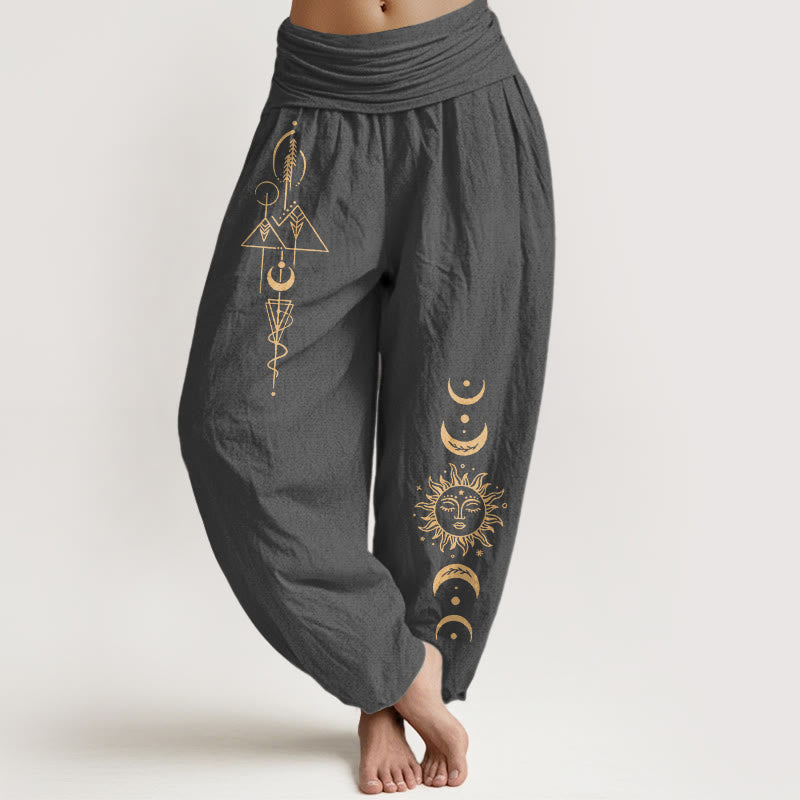 Nimara Ritual Pure Cotton Concise Sun Moon Geometric Pattern Women's Elastic Waist Harem Pants