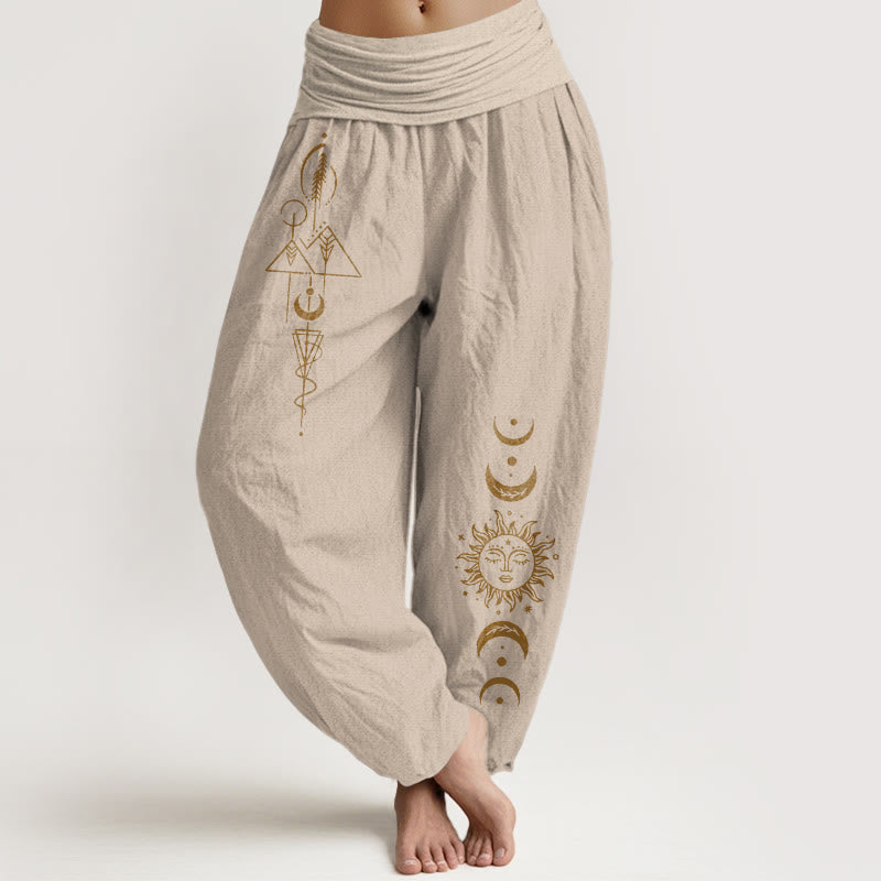 Nimara Ritual Pure Cotton Concise Sun Moon Geometric Pattern Women's Elastic Waist Harem Pants