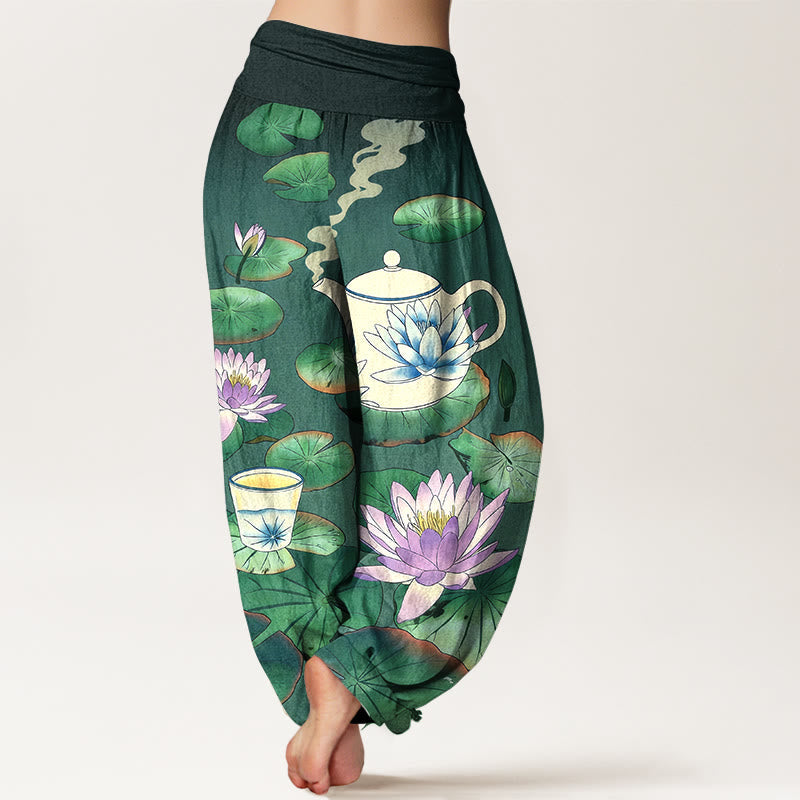 Nimara Ritual Pure Cotton Fresh Teapot Cup Lotus Flower Leaf Pattern Women's Elastic Waist Harem Pants