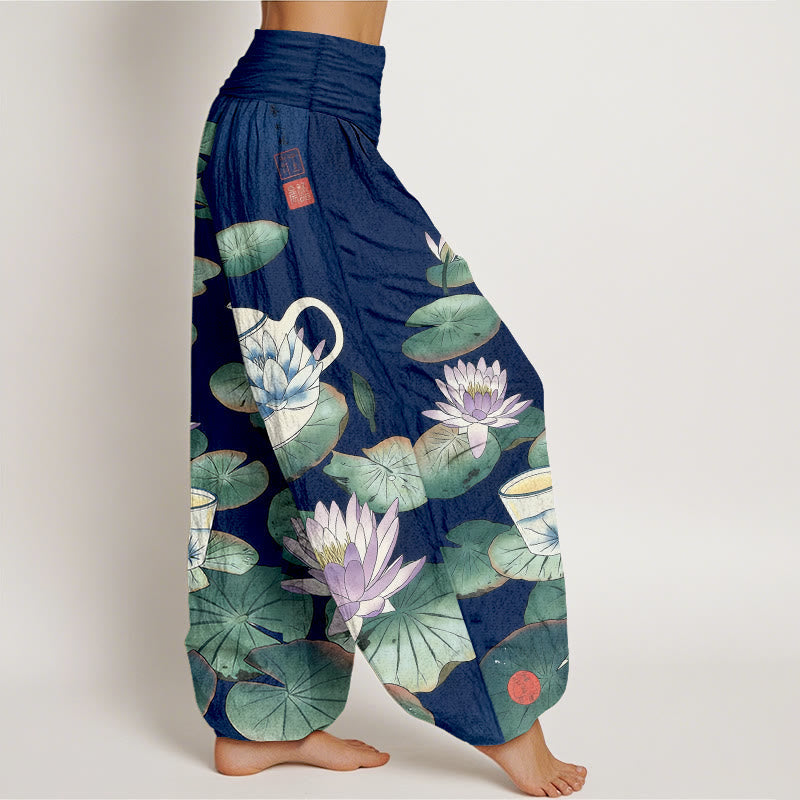 Nimara Ritual Pure Cotton Fresh Teapot Cup Lotus Flower Leaf Pattern Women's Elastic Waist Harem Pants