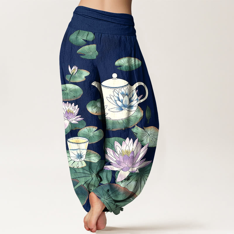 Nimara Ritual Pure Cotton Fresh Teapot Cup Lotus Flower Leaf Pattern Women's Elastic Waist Harem Pants
