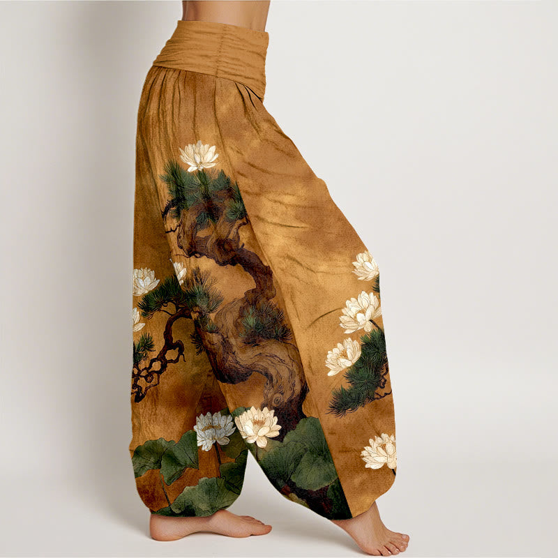 Nimara Ritual Pure Cotton Elegant Pine Tree Lotus Flower Leaf Pattern Women's Elastic Waist Harem Pants