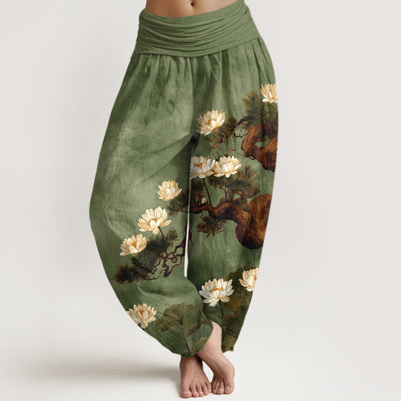 Nimara Ritual Pure Cotton Elegant Pine Tree Lotus Flower Leaf Pattern Women's Elastic Waist Harem Pants