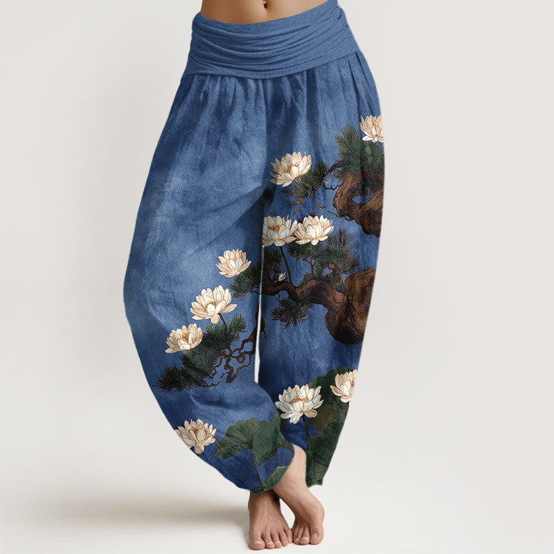 Nimara Ritual Pure Cotton Elegant Pine Tree Lotus Flower Leaf Pattern Women's Elastic Waist Harem Pants