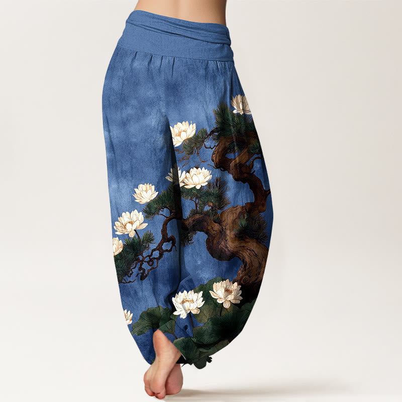 Nimara Ritual Pure Cotton Elegant Pine Tree Lotus Flower Leaf Pattern Women's Elastic Waist Harem Pants