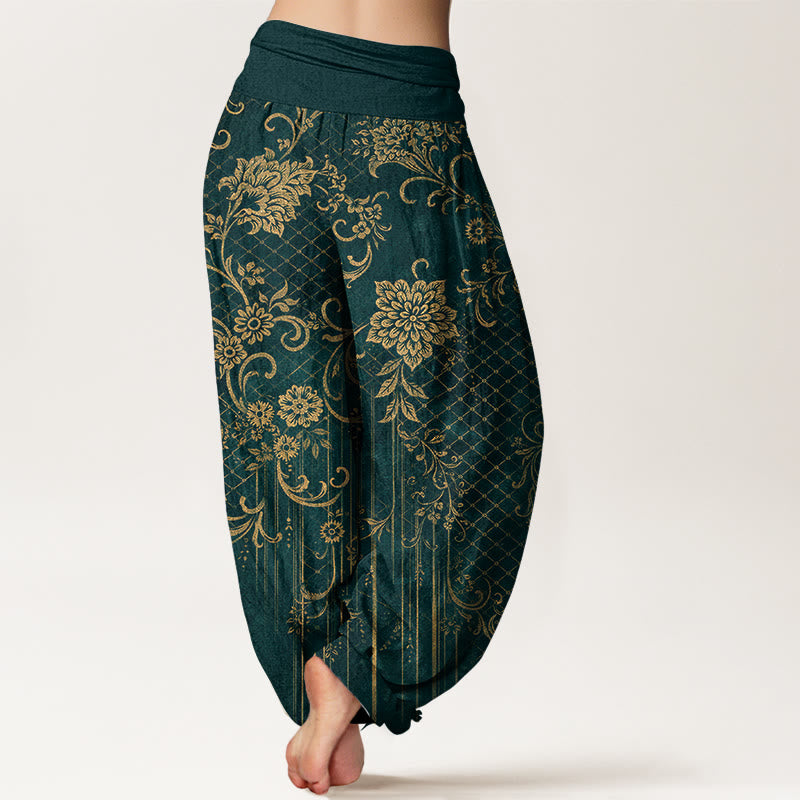 Nimara Ritual Pure Cotton Classical Flower Leaf Vine Pattern Women's Elastic Waist Harem Pants