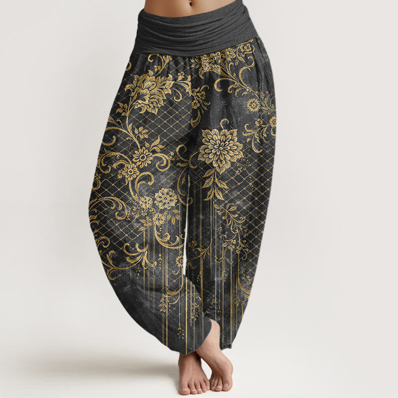 Nimara Ritual Pure Cotton Classical Flower Leaf Vine Pattern Women's Elastic Waist Harem Pants