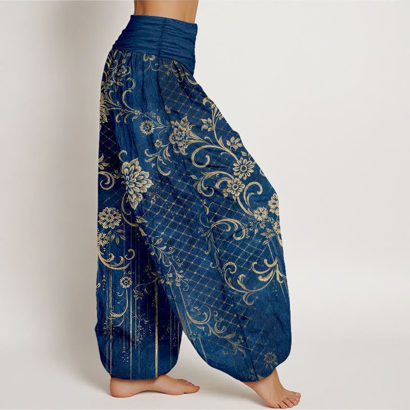 Nimara Ritual Pure Cotton Classical Flower Leaf Vine Pattern Women's Elastic Waist Harem Pants