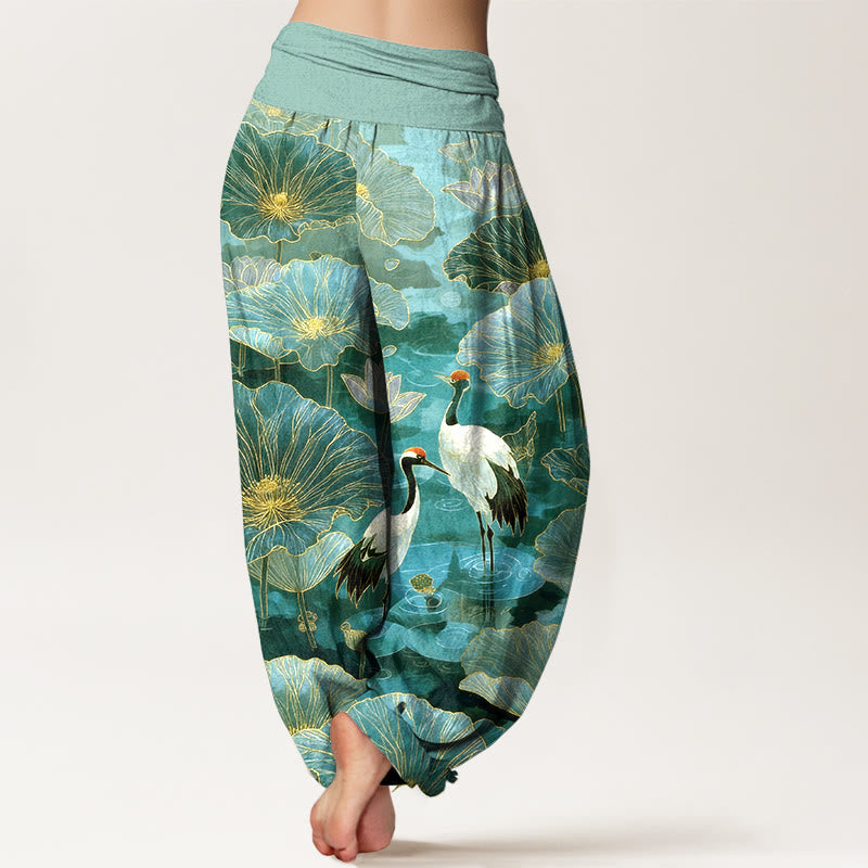 Nimara Ritual Pure Cotton Elegant Crane Lotus Flower Leaf Pattern Women's Elastic Waist Harem Pants