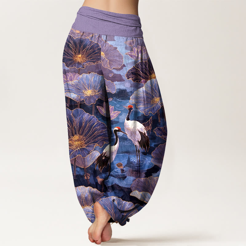 Nimara Ritual Pure Cotton Elegant Crane Lotus Flower Leaf Pattern Women's Elastic Waist Harem Pants