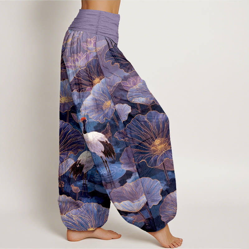 Nimara Ritual Pure Cotton Elegant Crane Lotus Flower Leaf Pattern Women's Elastic Waist Harem Pants