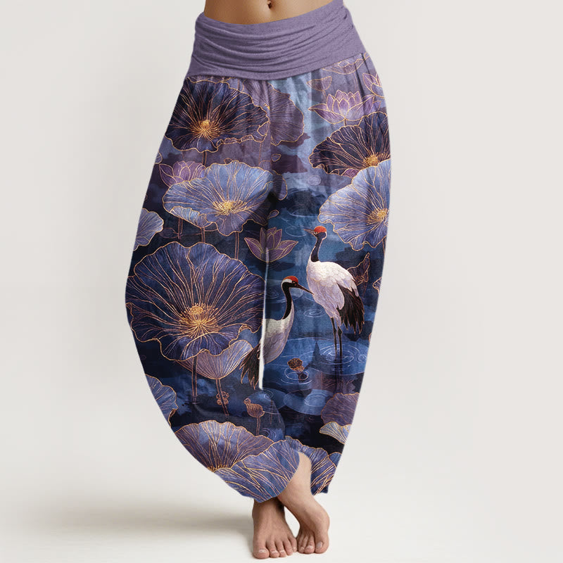 Nimara Ritual Pure Cotton Elegant Crane Lotus Flower Leaf Pattern Women's Elastic Waist Harem Pants