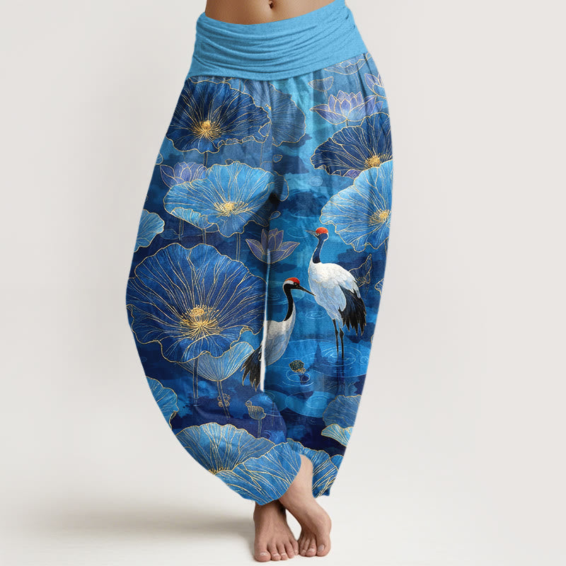 Nimara Ritual Pure Cotton Elegant Crane Lotus Flower Leaf Pattern Women's Elastic Waist Harem Pants