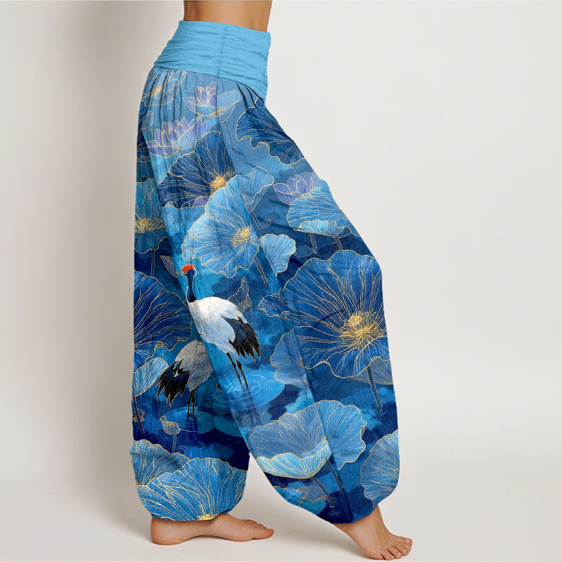 Nimara Ritual Pure Cotton Elegant Crane Lotus Flower Leaf Pattern Women's Elastic Waist Harem Pants