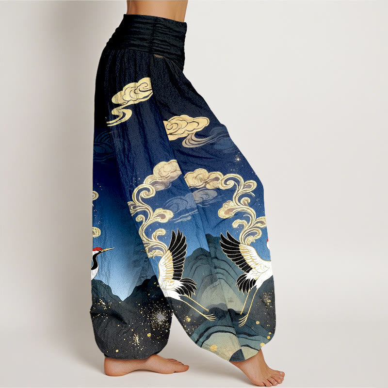 Nimara Ritual Pure Cotton Colorful Crane Cloud Mountain Pattern Women's Elastic Waist Harem Pants