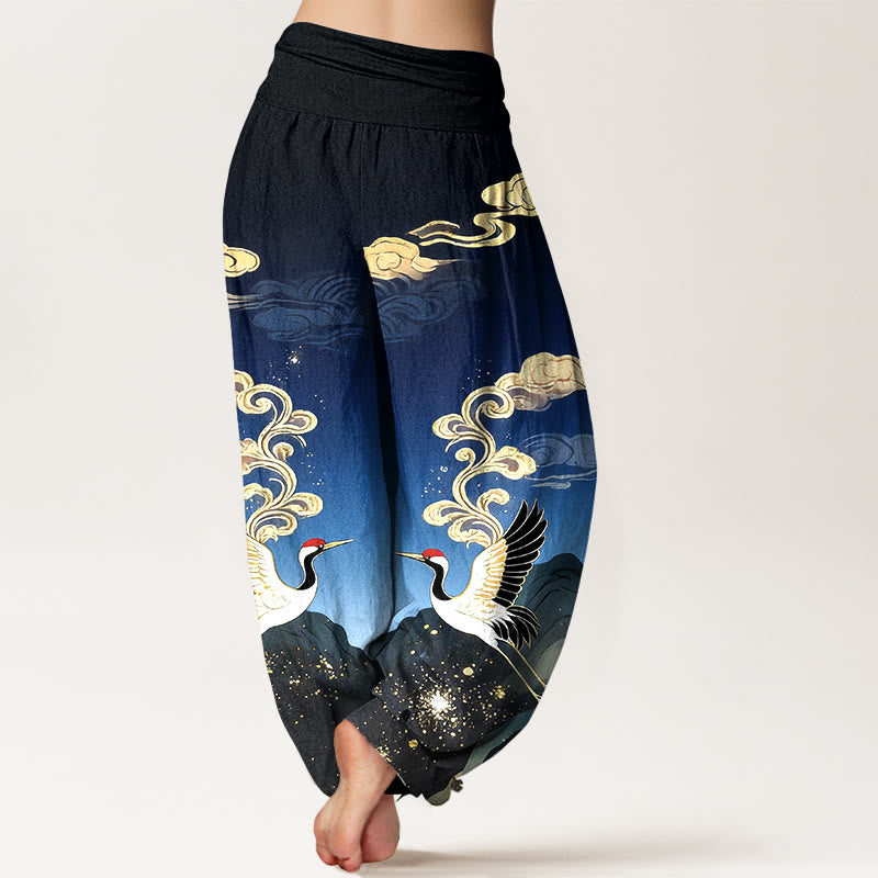 Nimara Ritual Pure Cotton Colorful Crane Cloud Mountain Pattern Women's Elastic Waist Harem Pants