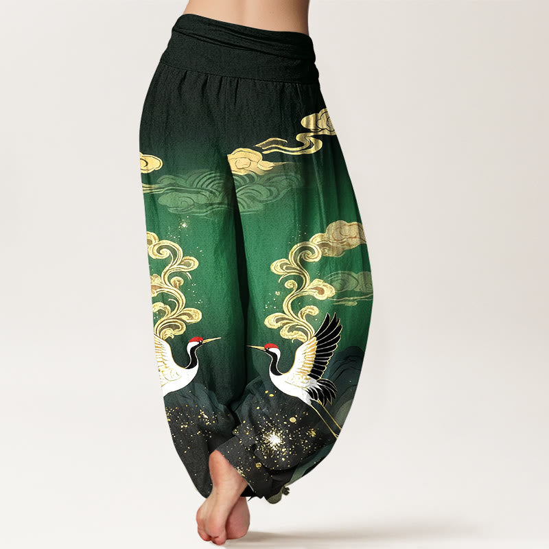 Nimara Ritual Pure Cotton Colorful Crane Cloud Mountain Pattern Women's Elastic Waist Harem Pants