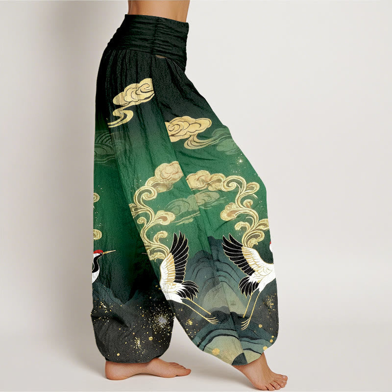 Nimara Ritual Pure Cotton Colorful Crane Cloud Mountain Pattern Women's Elastic Waist Harem Pants
