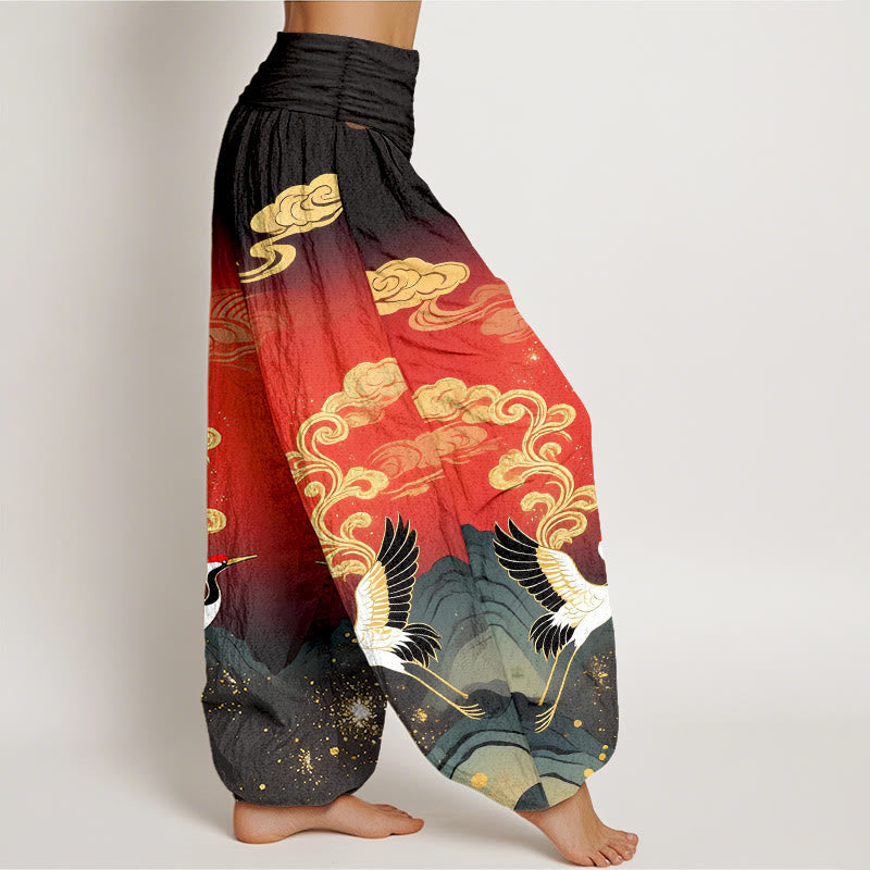 Nimara Ritual Pure Cotton Colorful Crane Cloud Mountain Pattern Women's Elastic Waist Harem Pants