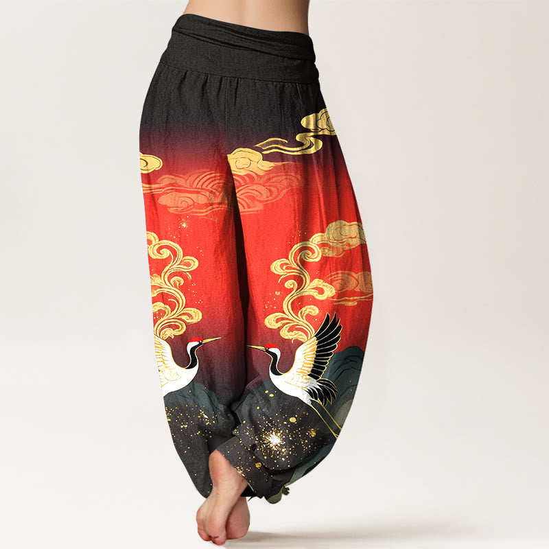 Nimara Ritual Pure Cotton Colorful Crane Cloud Mountain Pattern Women's Elastic Waist Harem Pants