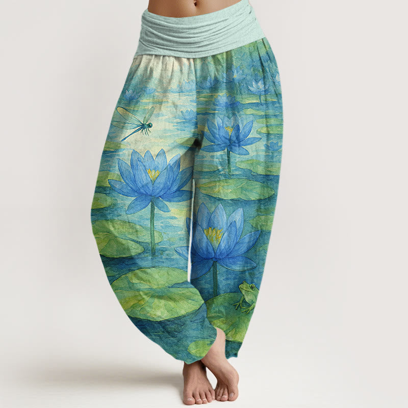 Nimara Ritual Pure Cotton Fresh Elegant Lotus Flower Leaf Dragonfly Frog Pattern Women's Elastic Waist Harem Pants