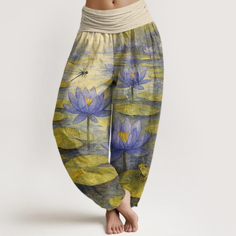 Nimara Ritual Pure Cotton Fresh Elegant Lotus Flower Leaf Dragonfly Frog Pattern Women's Elastic Waist Harem Pants