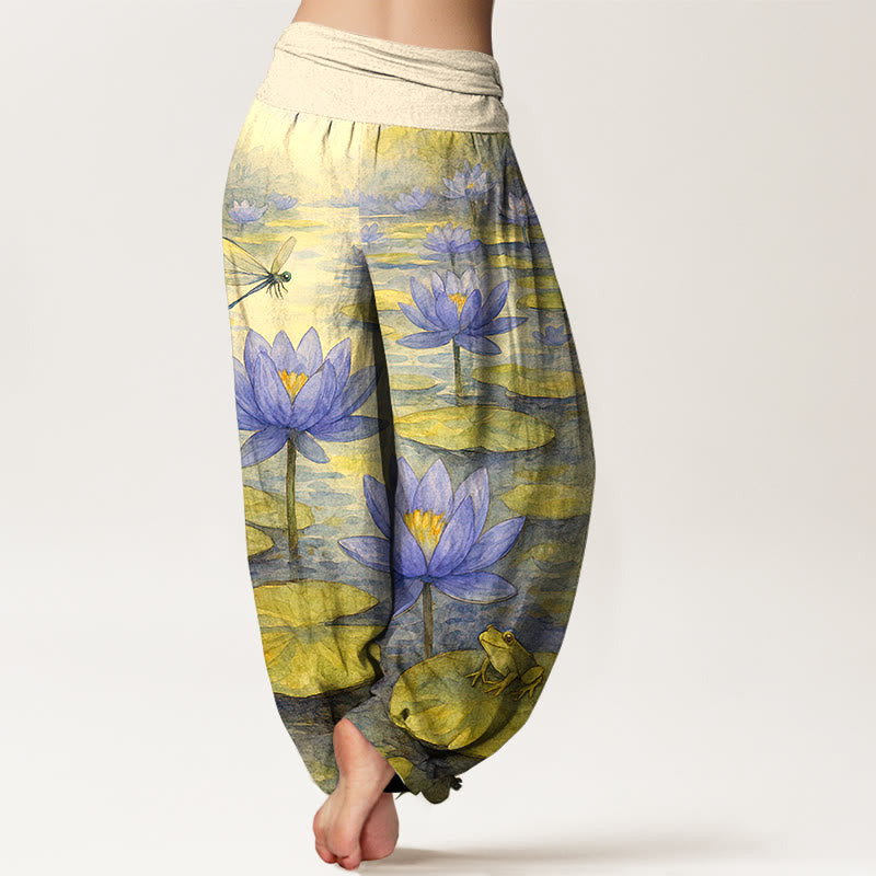 Nimara Ritual Pure Cotton Fresh Elegant Lotus Flower Leaf Dragonfly Frog Pattern Women's Elastic Waist Harem Pants