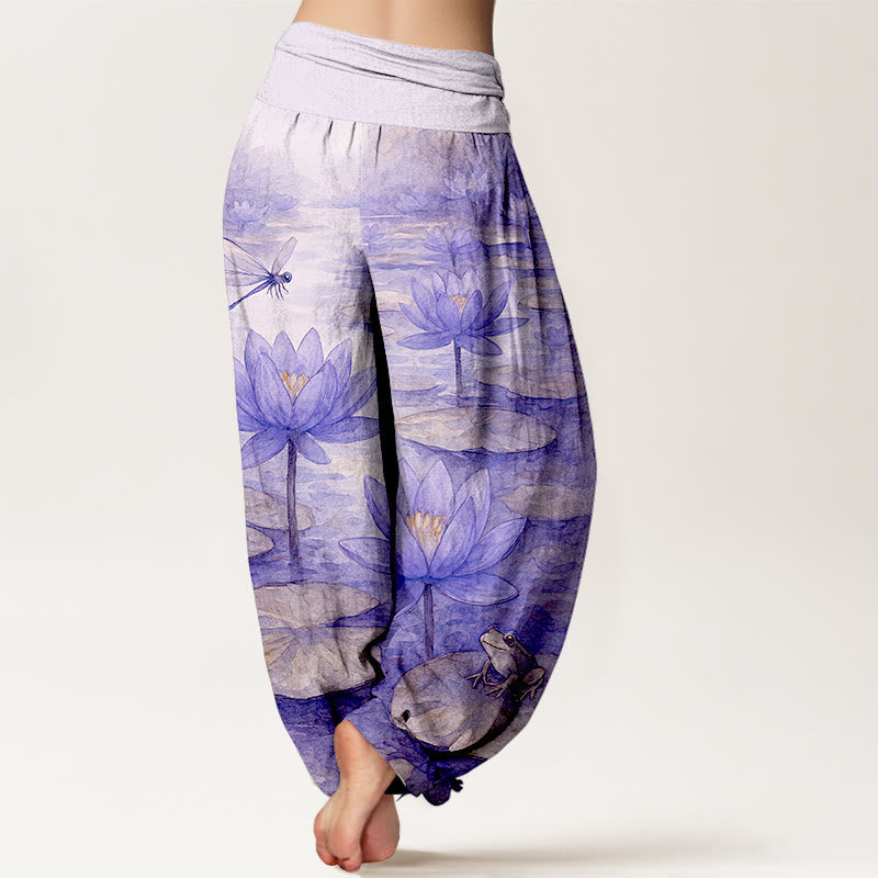 Nimara Ritual Pure Cotton Fresh Elegant Lotus Flower Leaf Dragonfly Frog Pattern Women's Elastic Waist Harem Pants
