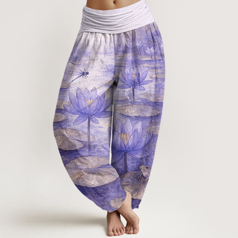 Nimara Ritual Pure Cotton Fresh Elegant Lotus Flower Leaf Dragonfly Frog Pattern Women's Elastic Waist Harem Pants