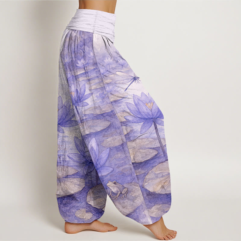 Nimara Ritual Pure Cotton Fresh Elegant Lotus Flower Leaf Dragonfly Frog Pattern Women's Elastic Waist Harem Pants