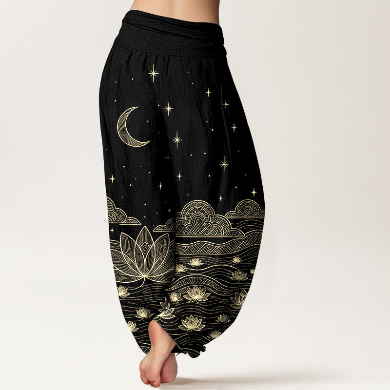 Nimara Ritual Pure Cotton Elegant Moon Star Cloud Lotus Flower Water Ripple Pattern Women's Elastic Waist Harem Pants